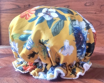 Luxury Satn Shower Cap - Microfiber Lined - Fizz Protection - Saves The Blow wave - 3 Sizes Available - Yellow Floral Print