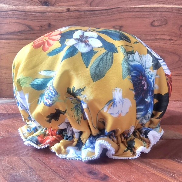 Luxury Satn Shower Cap - Microfiber Lined - Fizz Protection - Saves The Blow wave - 3 Sizes Available - Yellow Floral Print