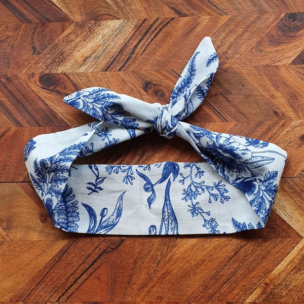 Retro Linen hair tie hair bow hair scarf -White and blue abstract/floral - Women and Girls