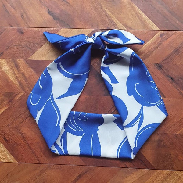 Hair Scarf - Women's Hair - Vintage - Handmade - Bows - Ponytails - Buns - Polyester/Chiffon/Crepe - Neckerchief - Bag Scarf - Blue/White