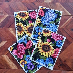 4 Cartes de vœux en tissu de coton faites à la main design - Blank Inside - Inclut des enveloppes - Impression Tournesols