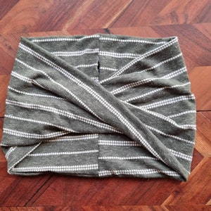 Multi Style Twisted Wide Headband- extra wide, turban, messy hair, comfy, workout, yoga, stretch knit - adult size - Green/Ivory Stripe