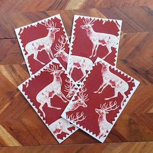 4 Cartes de vœux en tissu de coton faites à la main design - Blank Inside - Inclut des enveloppes - impression cerf