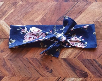 Tie on Stretch Headband, Bow Headband, Turban Top Knot Headband Headwrap - navy blue/pink floral- Buy 3 Get 1 Free!