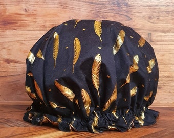 Womens luxury waterproof shower cap - Black with Gold Leaf