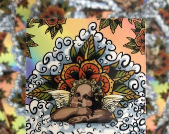 Sticker - Tattoo Style Angel Cherub with Flowers