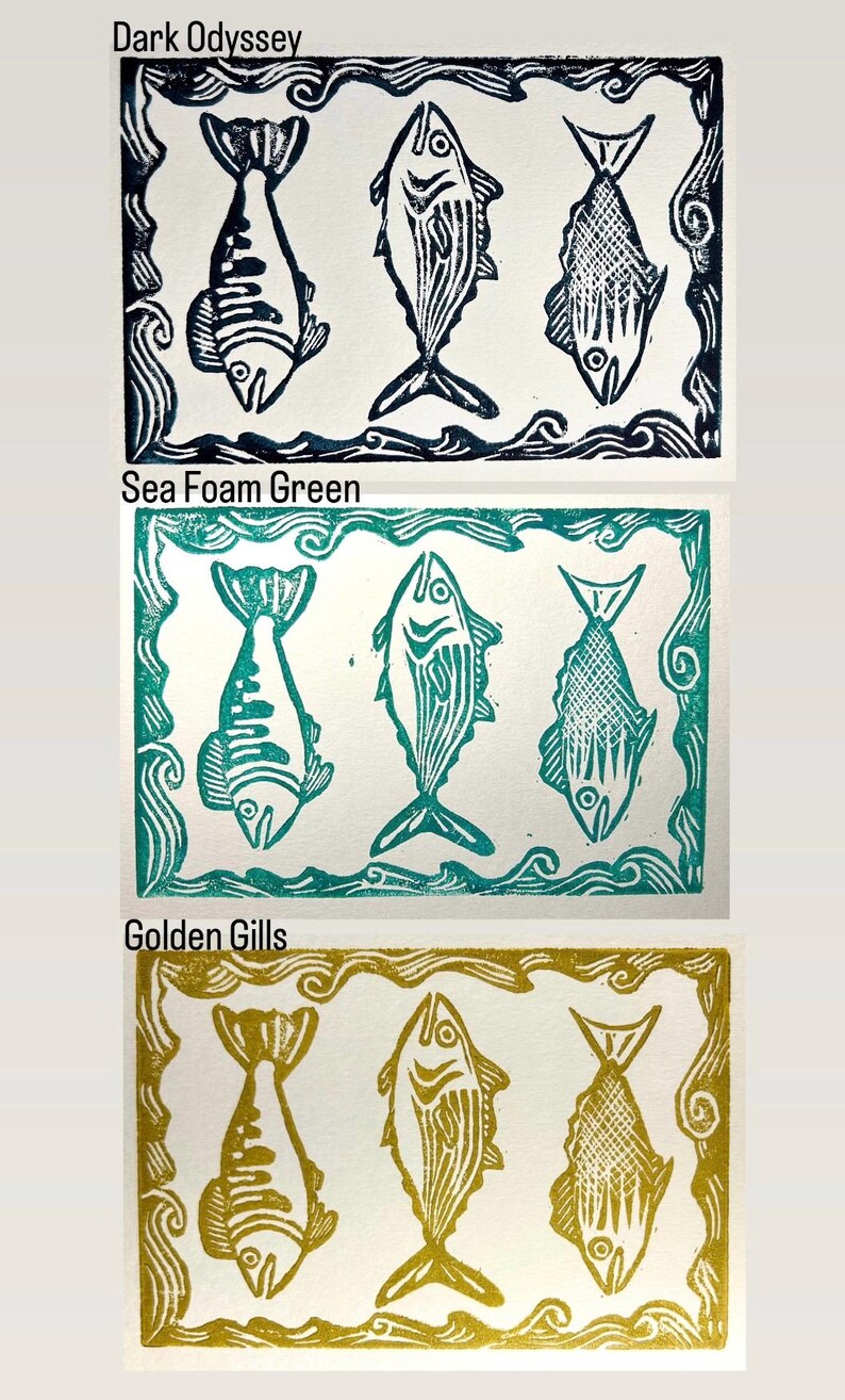Three Fish Linocut Print - Etsy