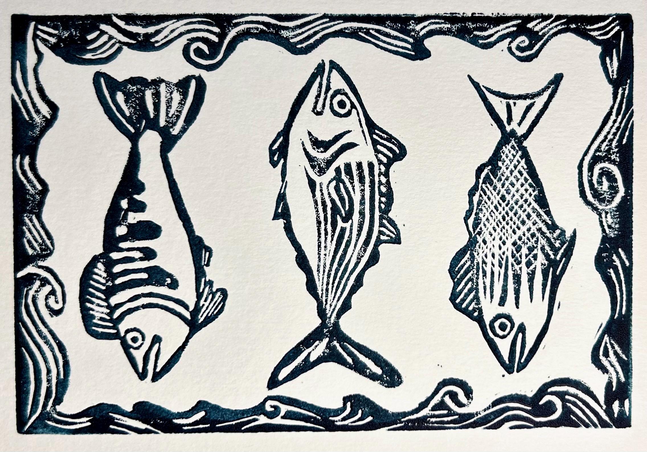 Three Fish Linocut Print - Etsy