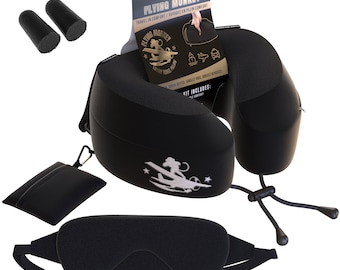 Luxury Travel Pillow Airplane Kit with Earplugs & Eye Mask - Memory Foam Airplane Pillow - Neck Pillow with Attachment Straps - Neck Support