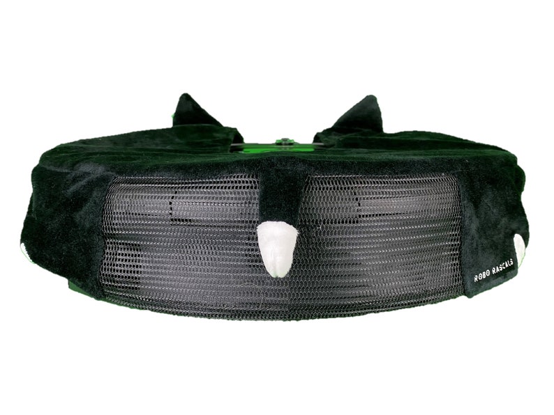 May include: Black and green trampoline with a white padded safety net and a white padded handle. The trampoline has the text "ROBO RASCALS" printed on the side.
