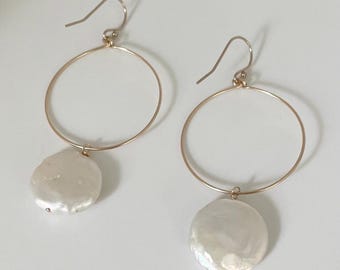 14K Gold Filled Hoop Earrings with coin pearl
