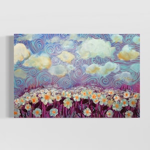 Purple Flower Field Painting: Original Landscape Art on Canvas