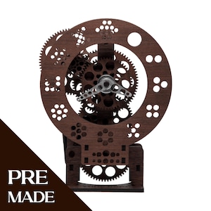 Kinetische houten tandwielklok – lasergesneden bureauuurwerk, geruisloos uurwerk