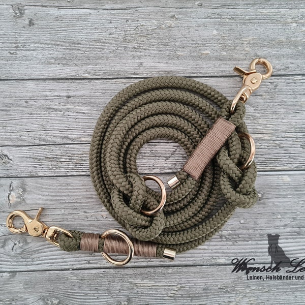 Dog leash, rope "Sukie", olive green gold, adjustable - wish leashes