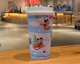 DISNEY WINTER Coffee Cup Cozy / Disneyland Mickey Mouse Minnie Sledding