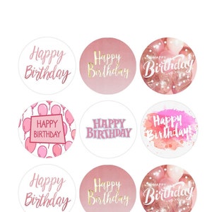 Pink Happy Birthday Cupcake Toppers / Labels / Tags - 12 x 2 inch Digital Download