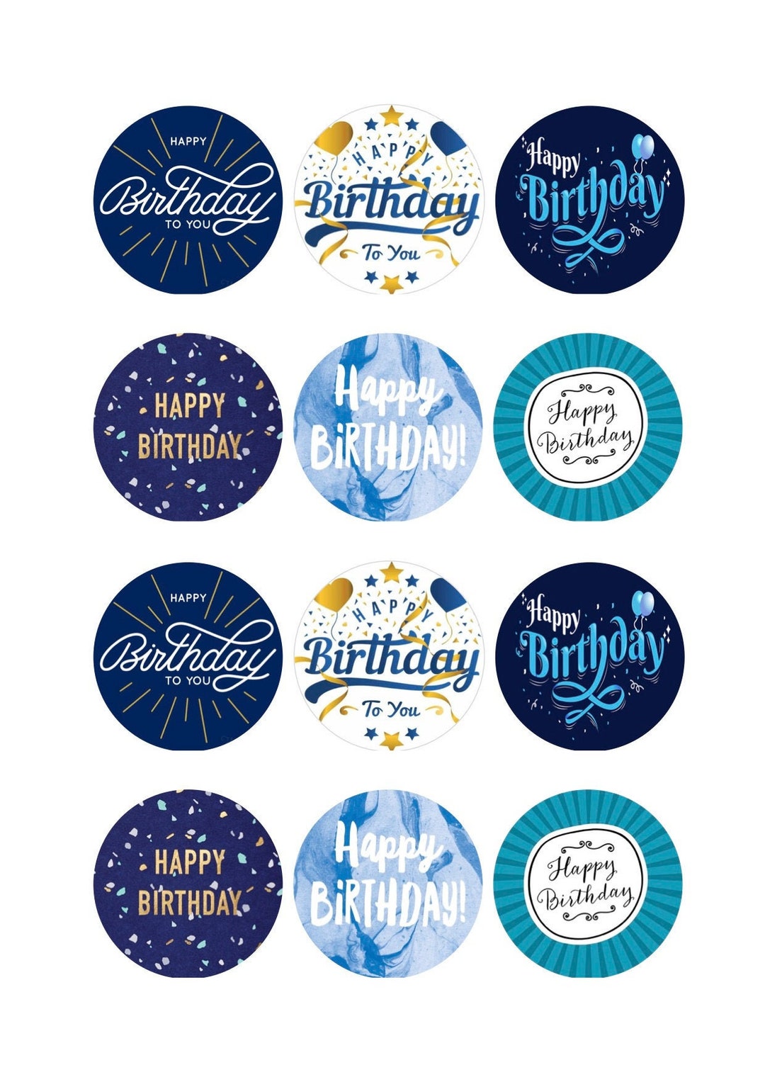 Edible Blue Happy Birthday Cupcake Toppers 2 Inch or 1.5 Inch Available ...
