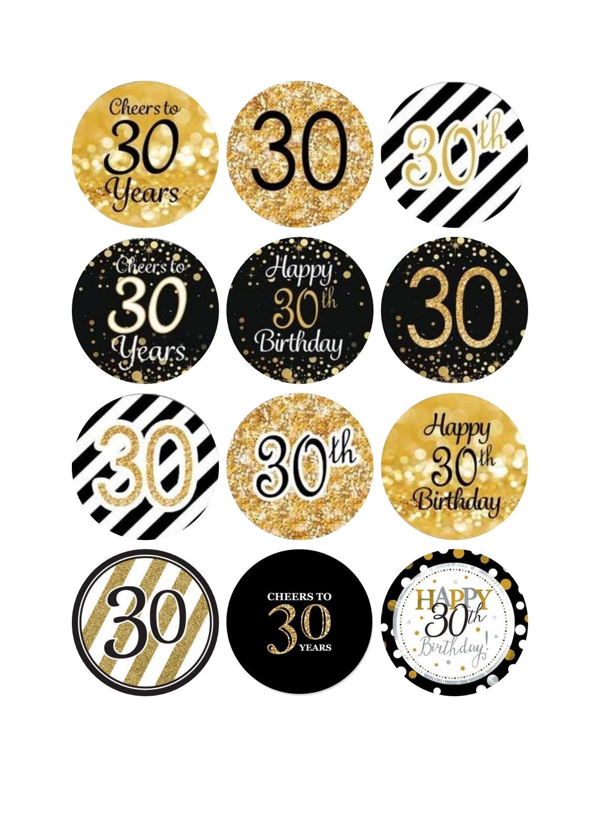 Happy 30th Birthday Cupcake Toppers / Black and Gold Toppers / Etsy Ireland