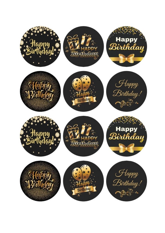 Printable Happy Birthday Cupcake Toppers Black and Gold - Digital Art Star