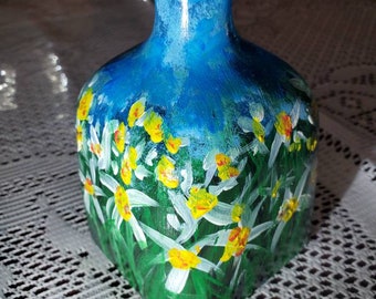 Narcissus Daffodil Jonquil Acrylic Paint on Glass Patron Bottle
