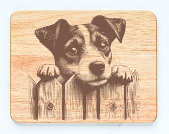 Tabla de cortar de madera de caucho con grabado láser con diseño de perro Jack Russell