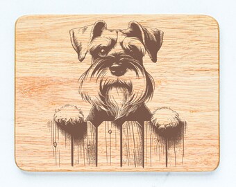 Tabla de cortar de madera de caucho con forma de perro Schnauzer, grabada con láser.