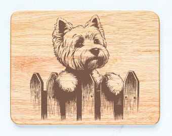 Tabla de cortar de madera de caucho con grabado láser, diseño de perro West Highland Terrier.