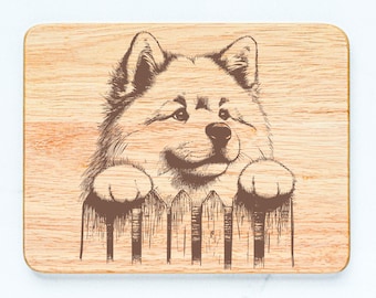 Tabla de cortar de madera de caucho con diseño de perro samoyedo grabada con láser