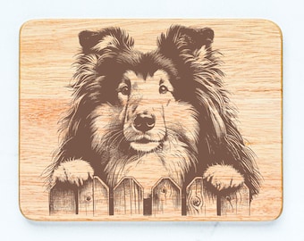 Tabla de cortar de madera de caucho con grabado láser, inspirada en el pastor de Shetland y el collie.