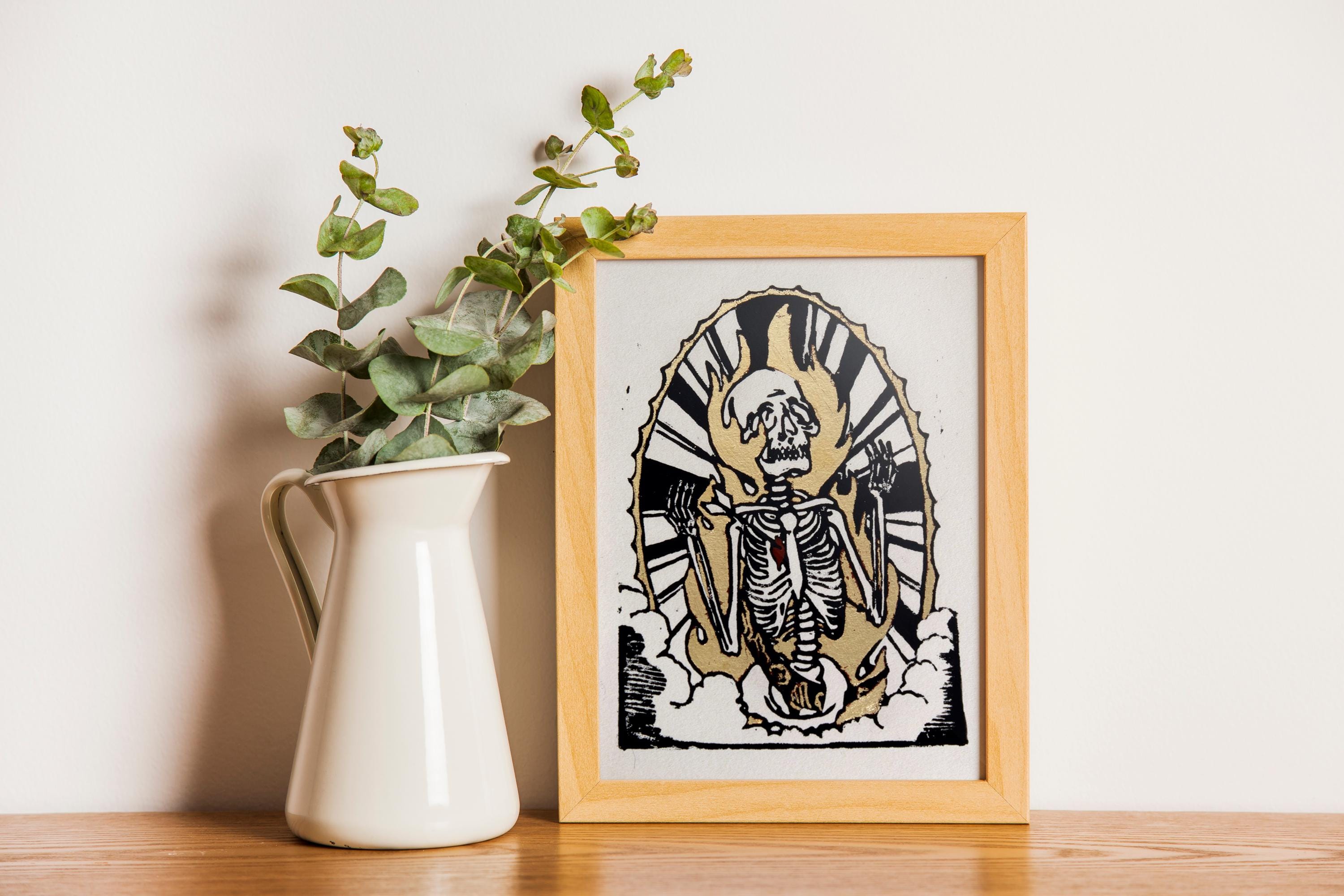 Memento Mori Skull LinoPrint – Gothic Wall Art, Block Print with Gold Leaf & Black Ink, Skeleton Gallery Decor