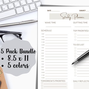 May include: A printable law school study planner with a gray and white color scheme. The planner includes sections for daily schedule, top priorities, to-do list, tomorrow's priorities, and daily reflection. The planner is labeled "Study Planner" and "Law School Study Planner".