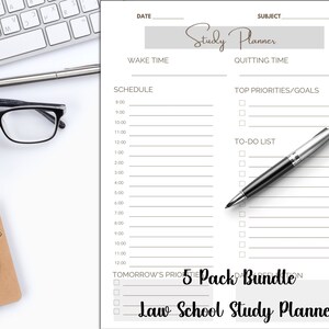May include: A black and white printable law school study planner with a gray header that says "Study Planner". The planner includes sections for date, subject, wake time, quitting time, schedule, top priorities/goals, to-do list, and tomorrow's priorities. The planner also includes a checklist.
