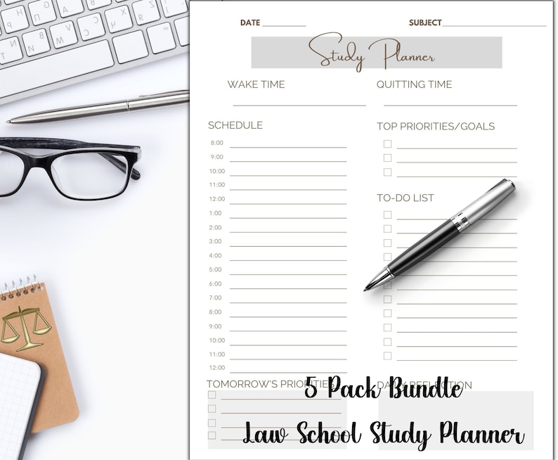 May include: A black and white printable law school study planner with a gray header that says "Study Planner". The planner includes sections for date, subject, wake time, quitting time, schedule, top priorities/goals, to-do list, and tomorrow's priorities. The planner also includes a checklist.