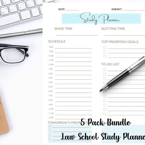May include: A white printable study planner with a light blue header that says "Study Planner". The planner has sections for date, subject, wake time, quitting time, schedule, top priorities/goals, and to-do list. There is a pen on the planner and a small notebook with a scale of justice sticker on it. The planner has a light blue sticker that says "5 Pack Bundle Law School Study Planner".