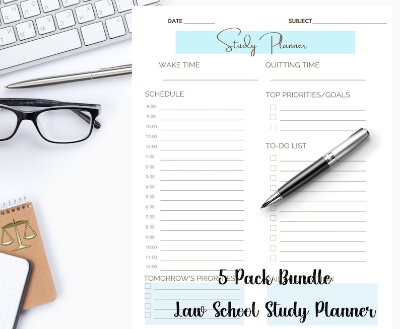 May include: A white printable study planner with a light blue header that says "Study Planner". The planner has sections for date, subject, wake time, quitting time, schedule, top priorities/goals, and to-do list. There is a pen on the planner and a small notebook with a scale of justice sticker on it. The planner has a light blue sticker that says "5 Pack Bundle Law School Study Planner".