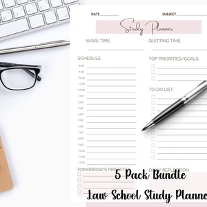 May include: A printable law school study planner with a pink header that says "Study Planner". The planner includes sections for wake time, quitting time, schedule, top priorities/goals, to-do list, tomorrow's priorities, and daily reflection. The planner also includes a 5 pack bundle label.