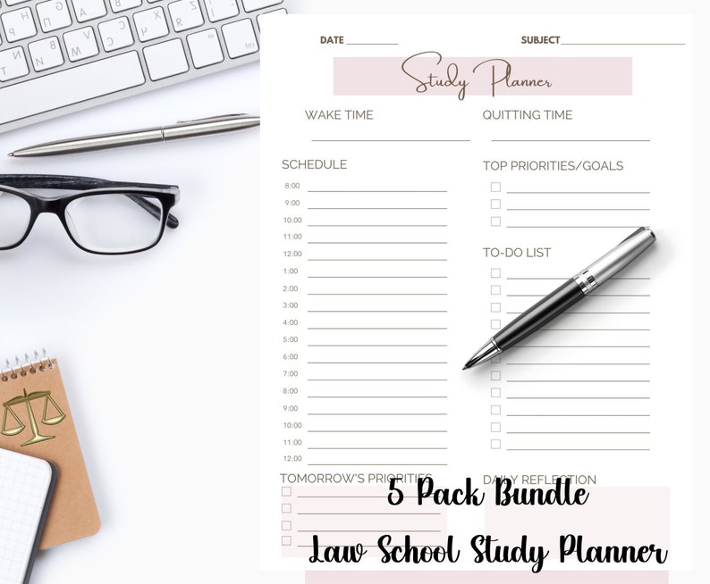 May include: A printable law school study planner with a pink header that says "Study Planner". The planner includes sections for wake time, quitting time, schedule, top priorities/goals, to-do list, tomorrow's priorities, and daily reflection. The planner also includes a 5 pack bundle label.
