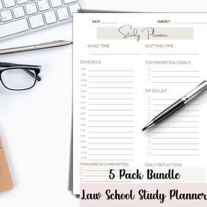 May include: A white printable law school study planner with a gray header that says "Study Planner". The planner includes sections for wake time, quitting time, schedule, top priorities/goals, to-do list, tomorrow's priorities, and daily reflection. The planner also includes a section for a date and subject.