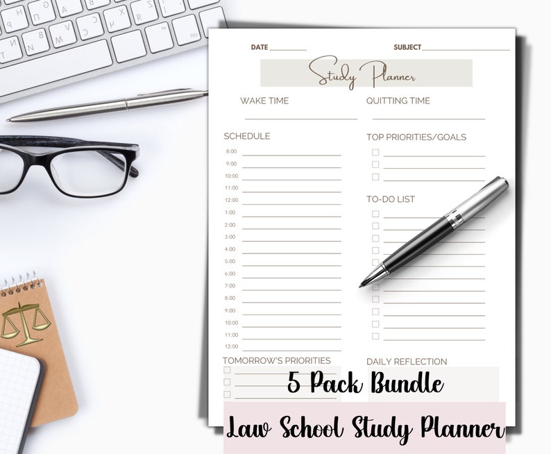 May include: A white printable law school study planner with a gray header that says "Study Planner". The planner includes sections for wake time, quitting time, schedule, top priorities/goals, to-do list, tomorrow's priorities, and daily reflection. The planner also includes a section for a date and subject.