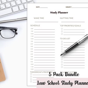 May include: A black and white printable law school study planner with a checklist, schedule, and to-do list. The planner has the text "Study Planner" and "5 Pack Bundle" on it.