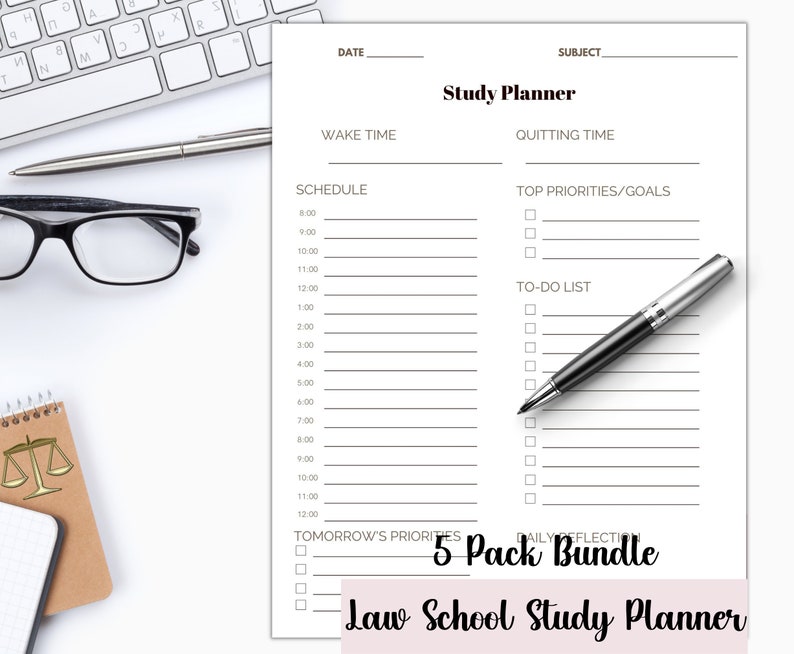 May include: A black and white printable law school study planner with a checklist, schedule, and to-do list. The planner has the text "Study Planner" and "5 Pack Bundle" on it.