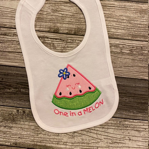 Baby Bibs, Embroidered Bibs, Baby Shower Gift,  Boy/Girl Bibs,, Sprinkle Gift, Applique  "One in a Melon" Watermelon Bib