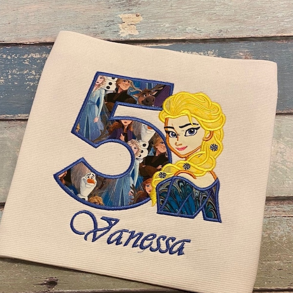 Girls Personalized Elsa Birthday | Girls Embroidered 5th  Birthday | Frozen Applique Birthday Shirt| 5th Birthday Personalized Shirt