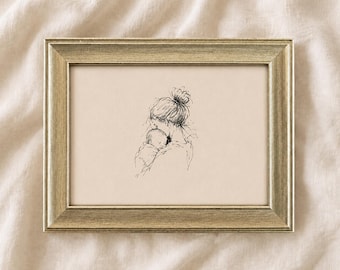Framed Vintage Mother and Baby Drawing, Minimalist Motherhood Sketch in Frame, Heirloom New Mom Gift, Vintage Nursery Decor