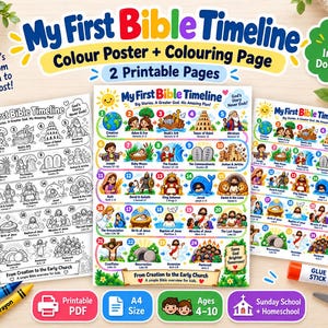 Könnte beinhalten: Ein druckbares My First Bible Timeline-Set mit einem farbigen Poster und einer Schwarz-Weiß-Malvorlage. Die Seiten zeigen vierundzwanzig nummerierte Illustrationen biblischer Ereignisse von der Schöpfung bis zum Pfingstfest mit Texten.