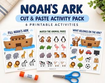 Noah’s Ark Cut and Paste Activity Pack, Christian Preschool Printable, Bible Activities for Kids