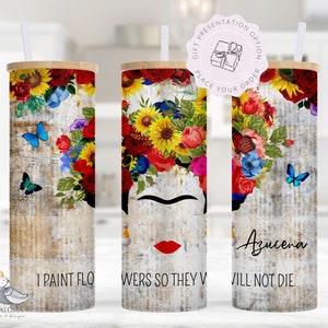 Frida Flowers Tumbler Gift for Women Tumbler Gifts Mexican Floral Embroidery Glass Can Cup  Frida Khalo Gifts