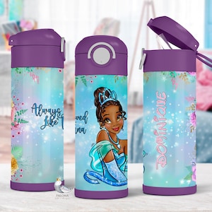 Tiana Blue Gift Custom Princess Water Bottle Princess and the Frog Tumbler Personalized Kids Insulated Cup Gift for Little Princess