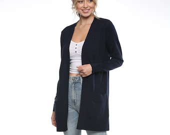 Womens Premium Lightweight Open Front Pocket Knitted Cardigan Ribbed Hemlines Super Soft Viscose Blend