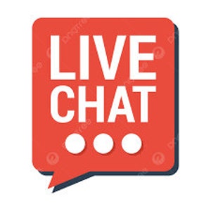 May include: Red speech bubble with the text "LIVE CHAT" in white and three white dots below the text.
